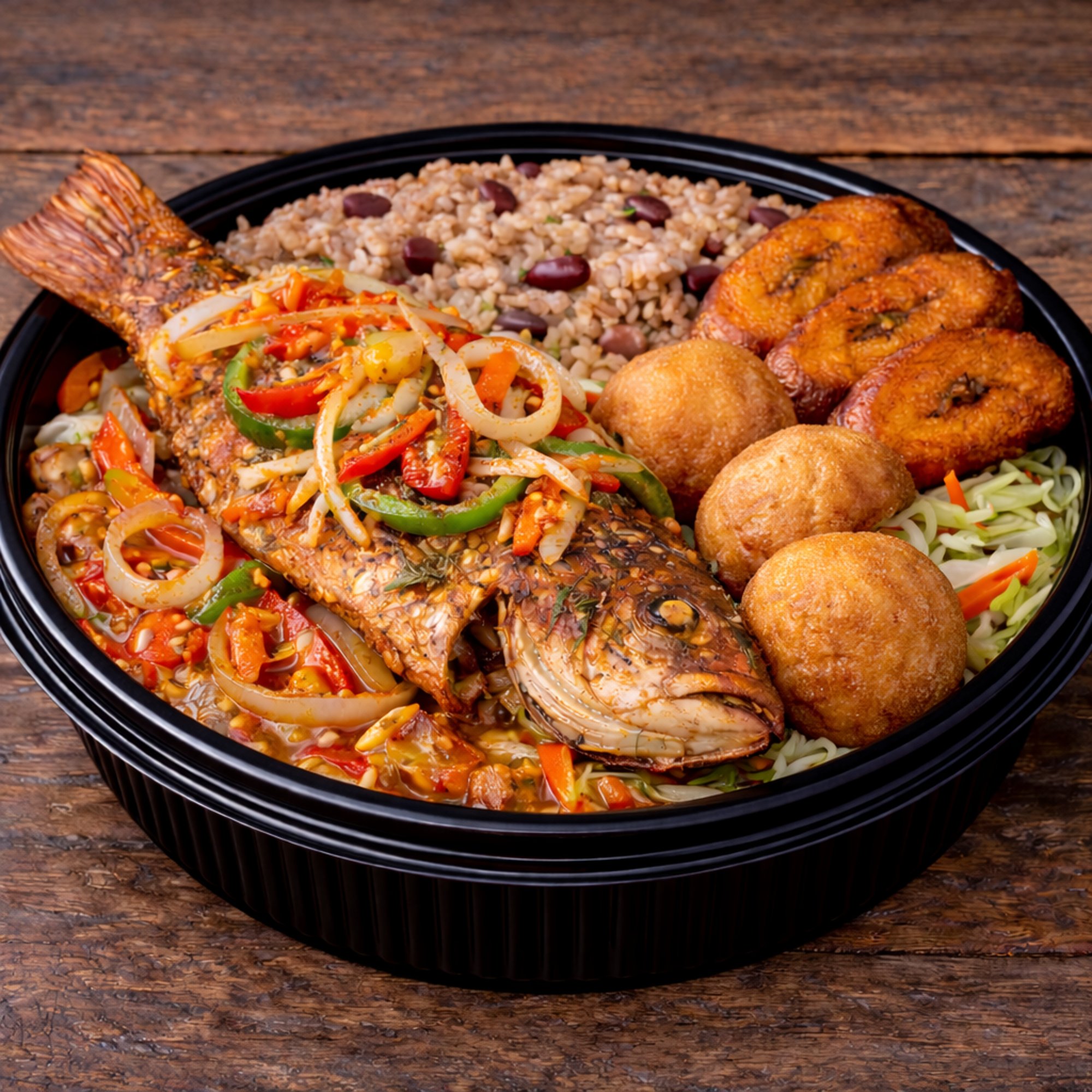 Escovitched Fish with Rice, Sweet Plantains and Veggie Only