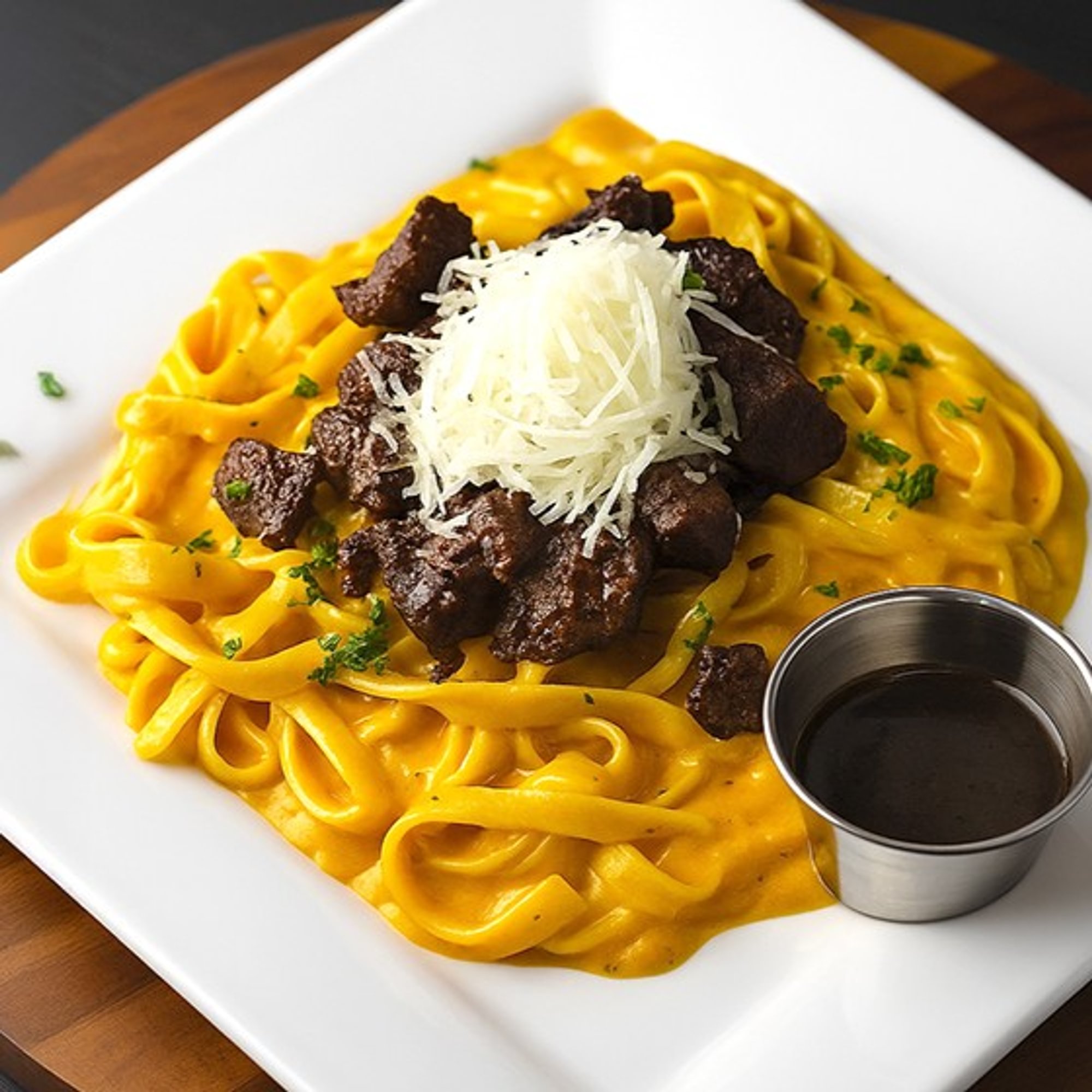 Fettuccine a la Huancaina con Lomo al Pisco