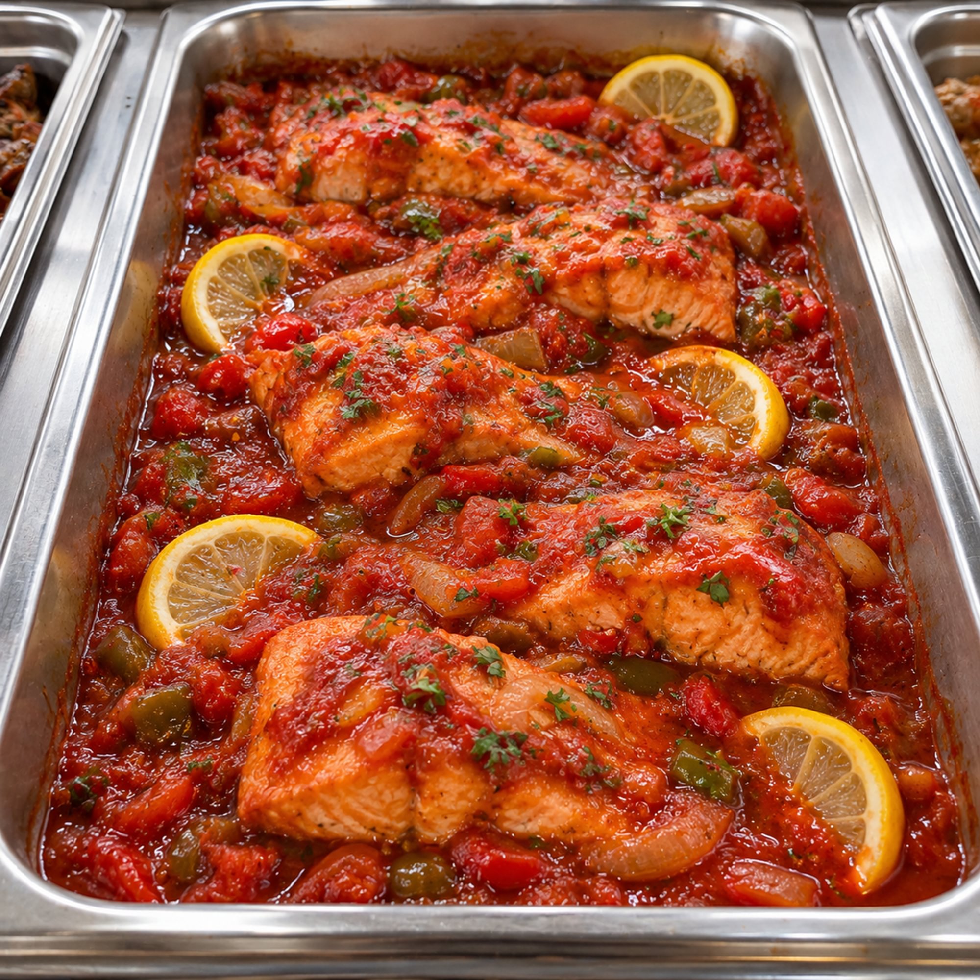 Stewed Salmon in a tomato-based sauce.