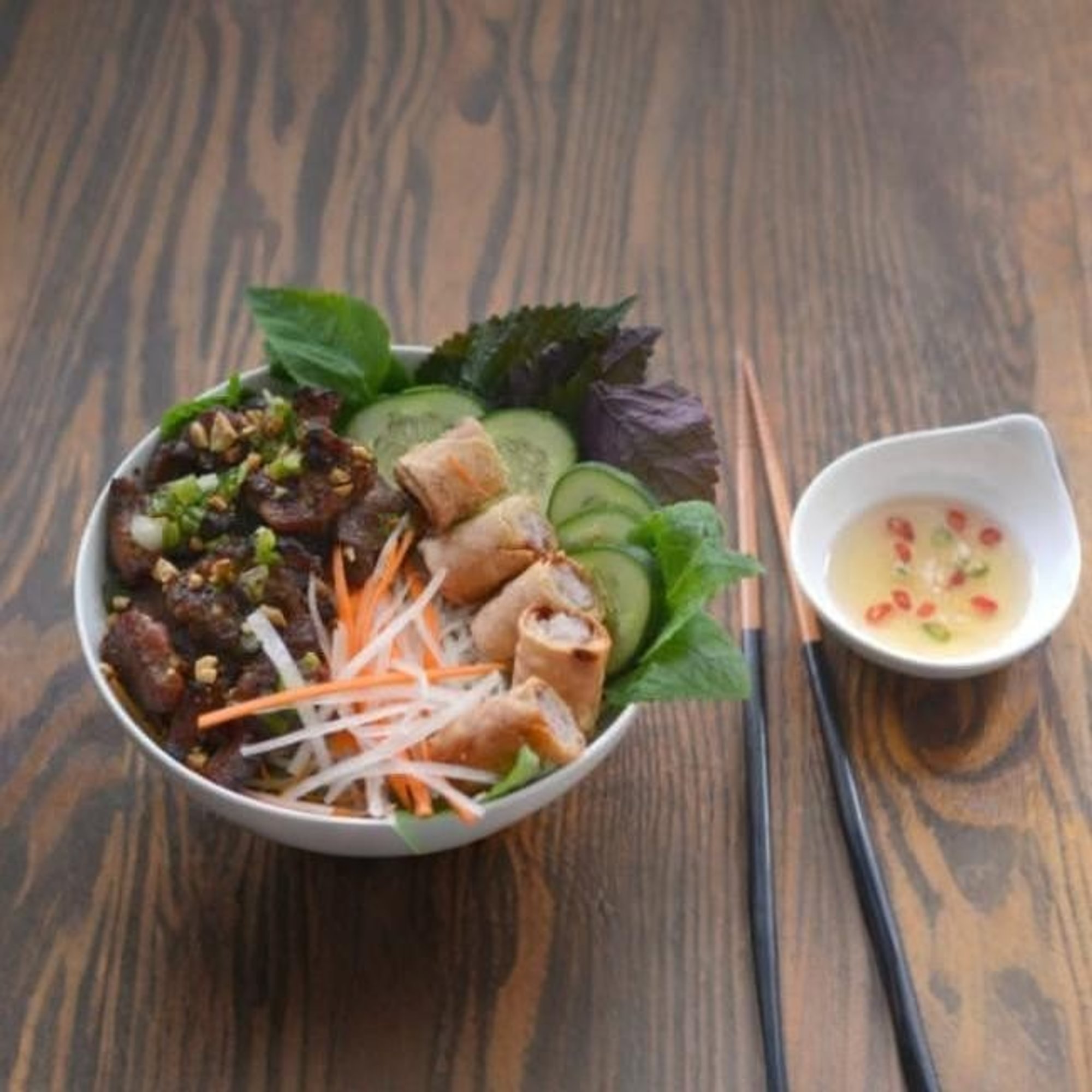 55. Vermicelli with Grilled Pork Meatballs & Fried Spring Rolls / Bún Nem Nướng Chả Giò