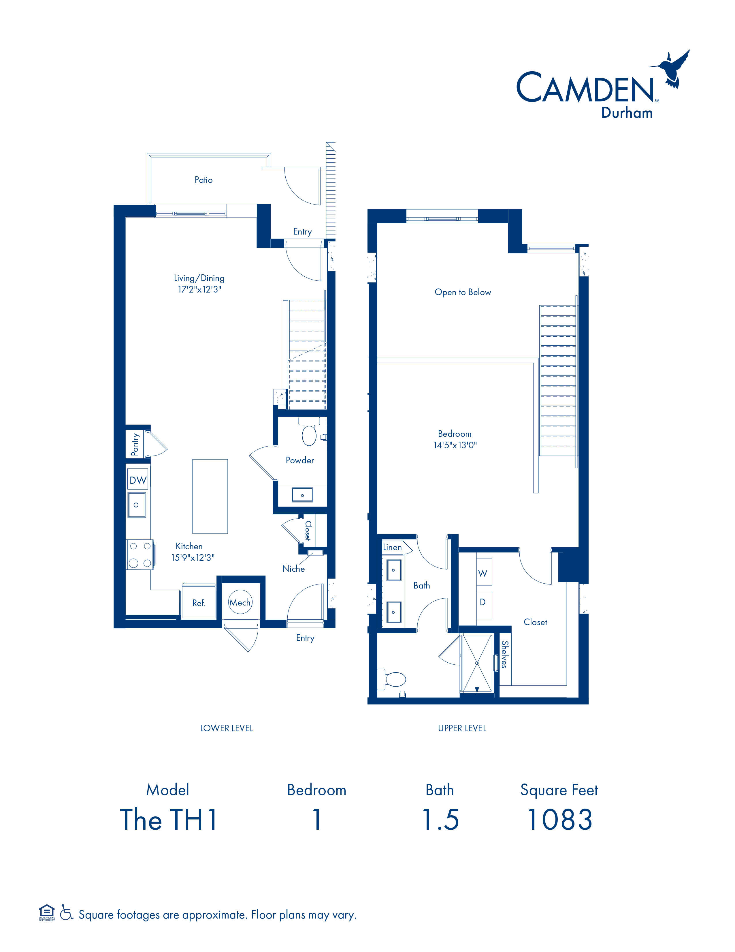 TH1 Floor Plan with 1 Bedroom and 1 and a half Bathrooms at Camden Durham in Durham, NC