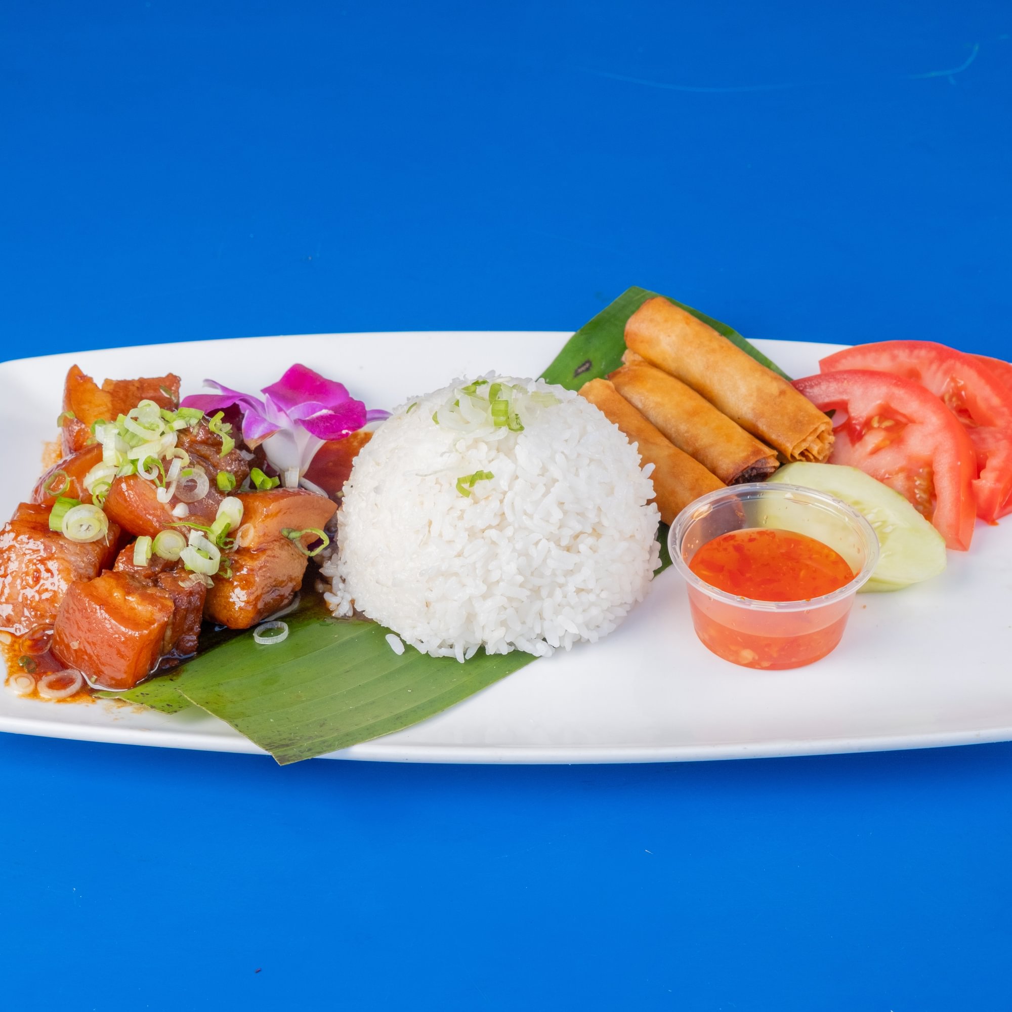 Braised Pork Belly with Lumpia Rice Plate