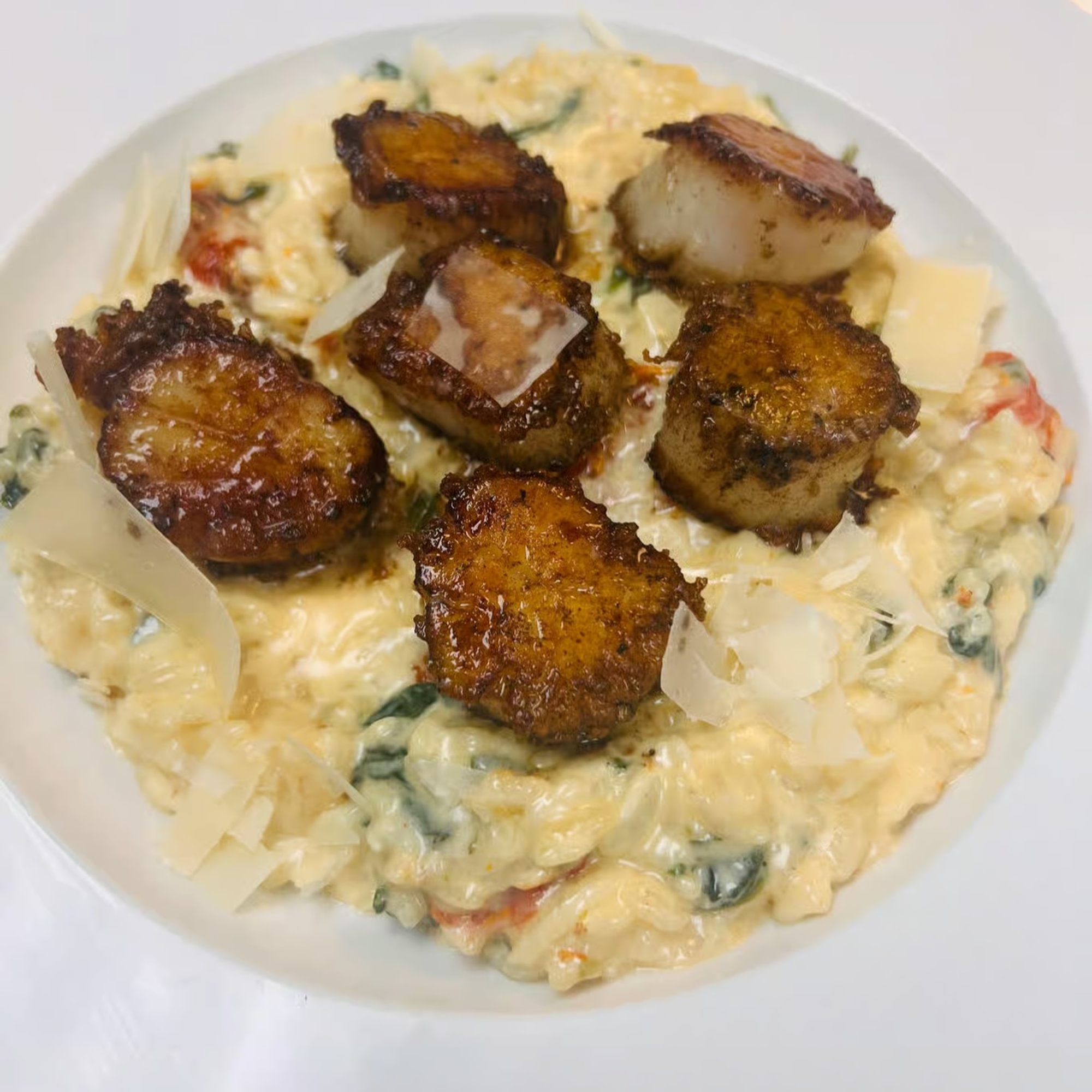 Parm Crusted Scallops Over Risotto