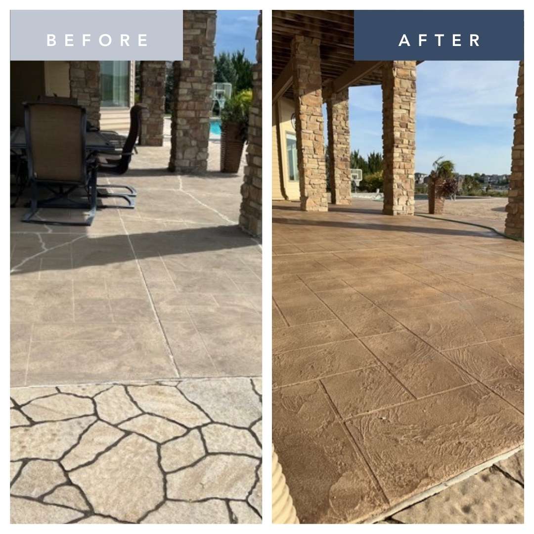 Breathing new life into existing Ashlar Slate Stamped Concrete.  By using RestoreKoat in Mesa Buff Antique Finish.