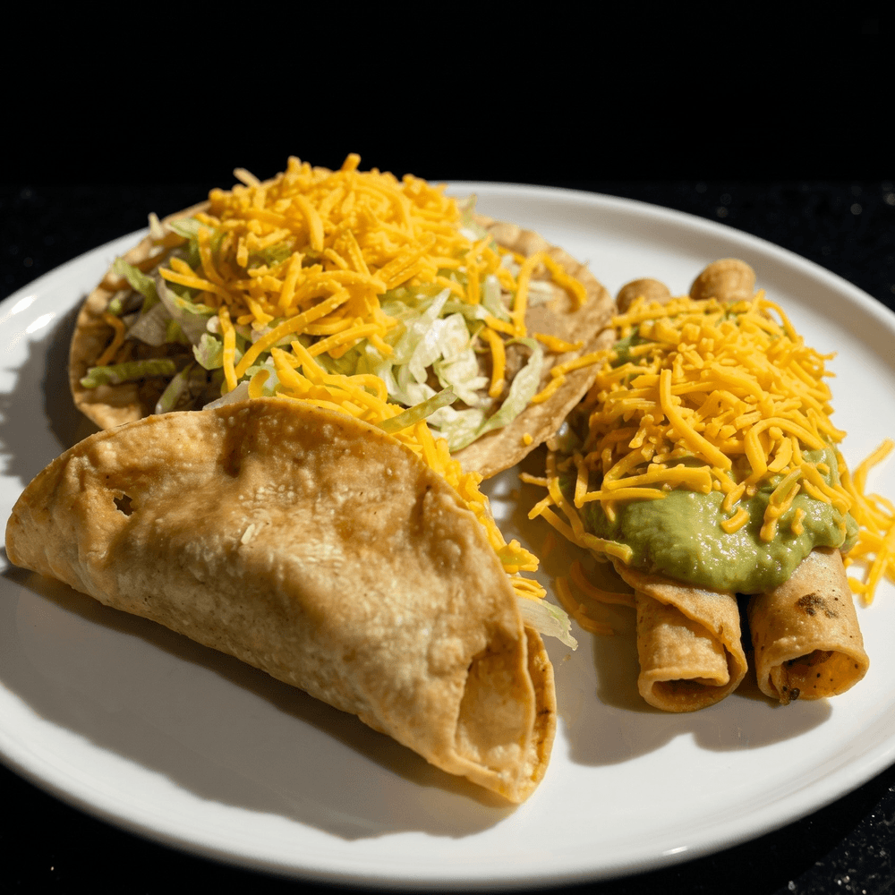 Bean Tostada, Beef Taco & 2 Roll Tacos Special