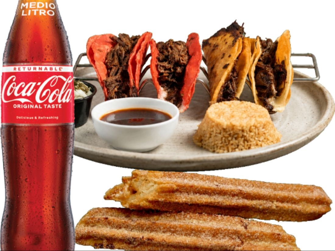 #9 Quesa Birria Tacos, Churro, Drink