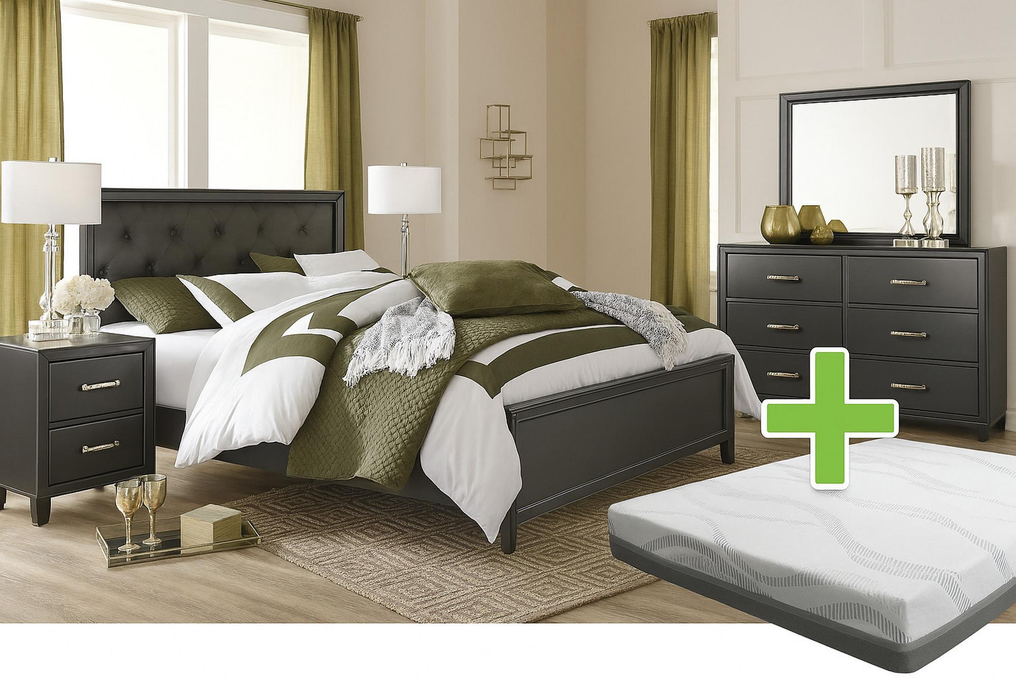 Queen Monaco Bed w/9.5" Extra Firm Mattress & 9" Foundation, Dresser, Mirror, Nightstand