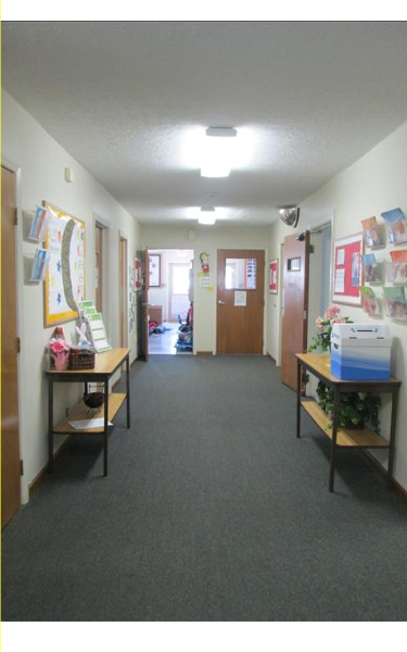 Hallway to the Preschool and Discovery Preschool classrooms as well as the center kitchen.