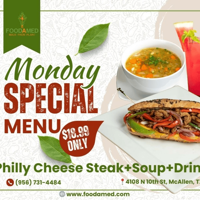 Monday - Philly Cheese Steak (6 inch) + small soup + Drink