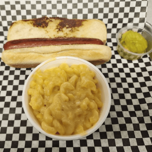 HOT DOG W/ MAC & CHEESE