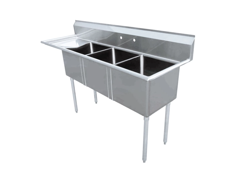 Zanduco 74.5" 18-Gauge Three Compartment Stainless Steel Sink with 3.5" Center Drain and Left Drain