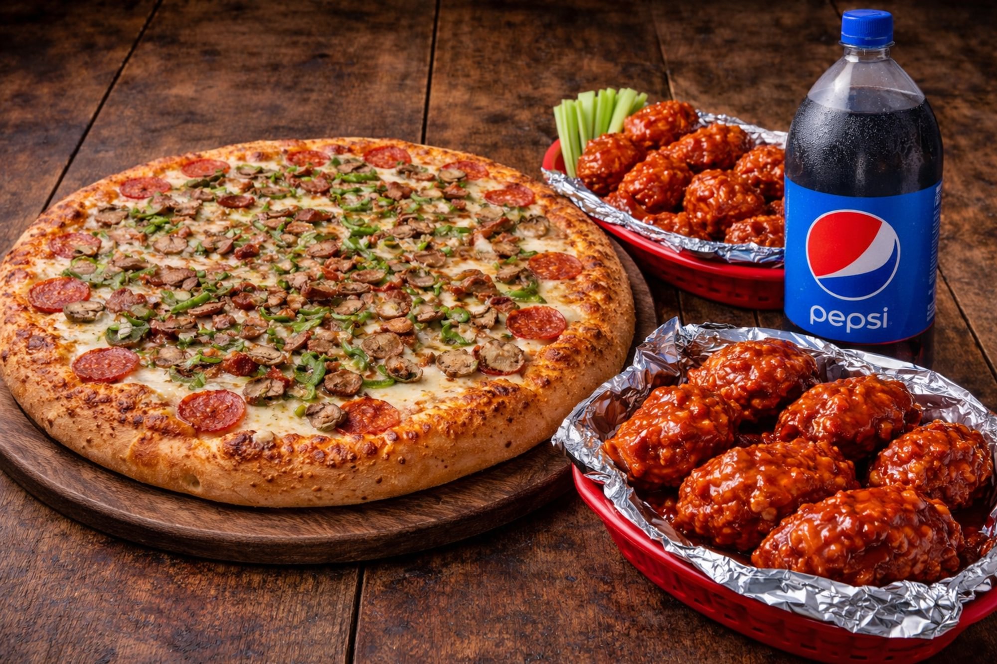 Large 1 Topping, 20 Boneless Wings & 2 Liter
