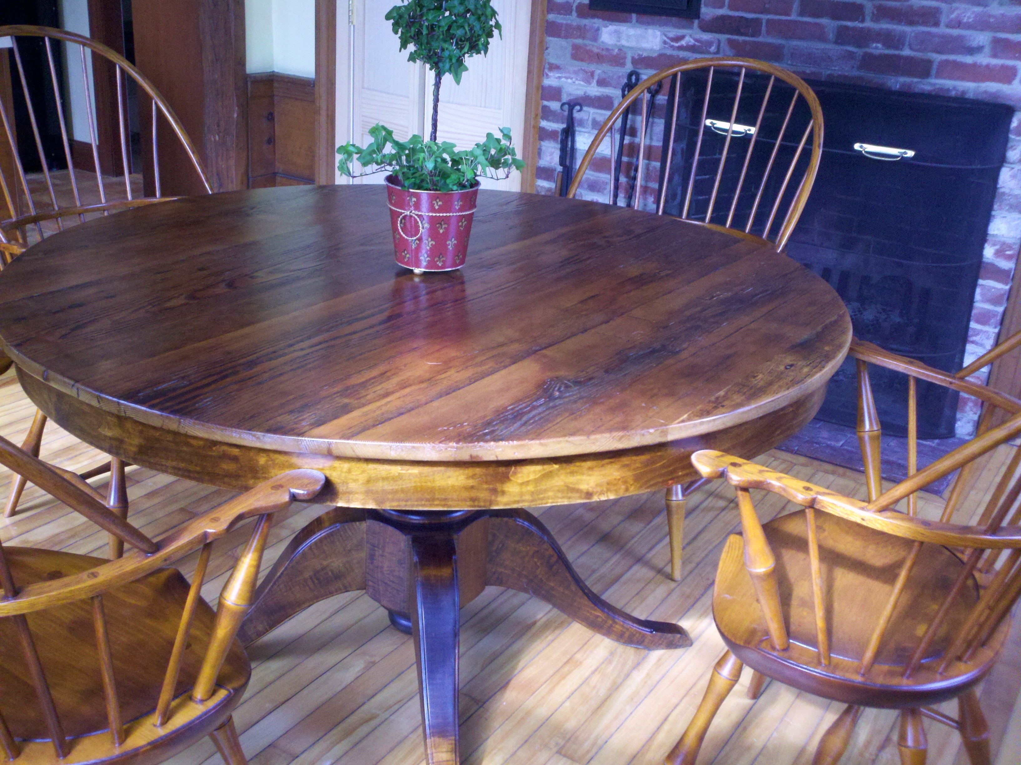 Round Pedestal Table in Reclaimed Fir with Handcrafted Windsor Chairs