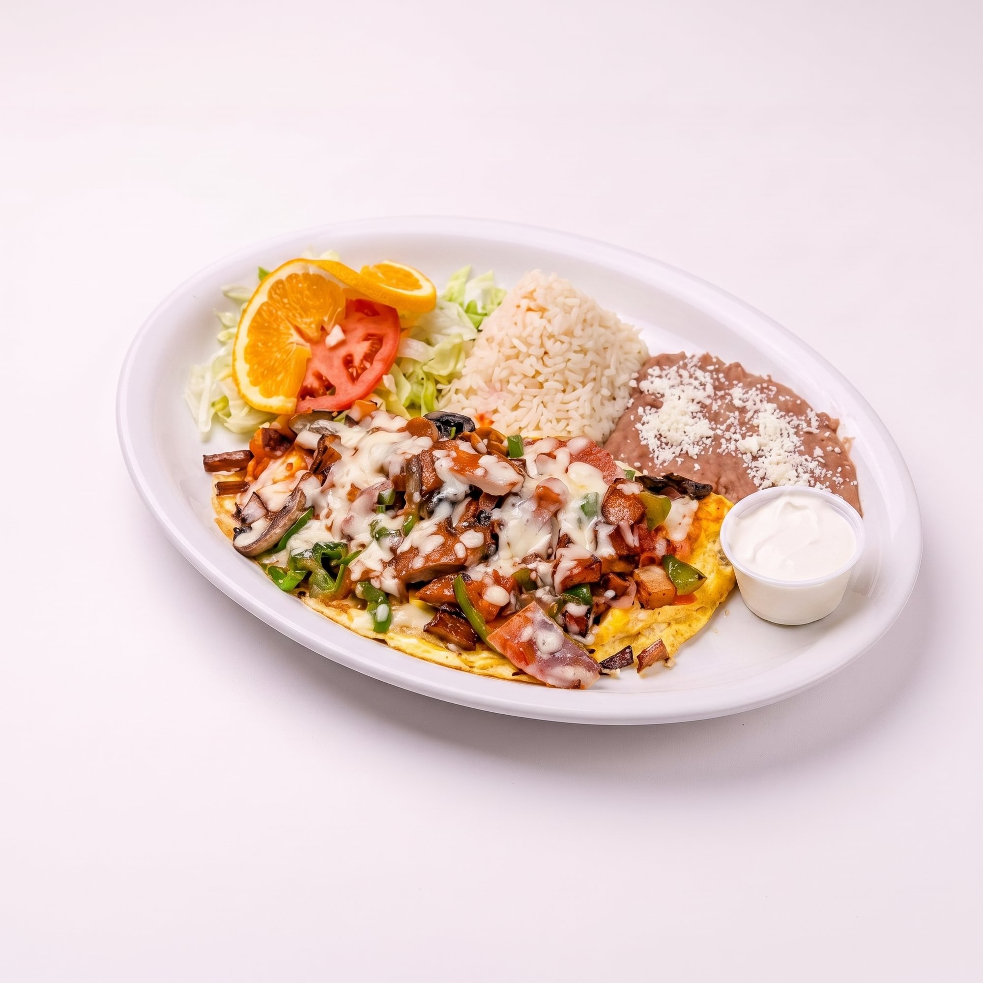 Omelet Perlas, Jamon, Chorizo, Papas & Queso