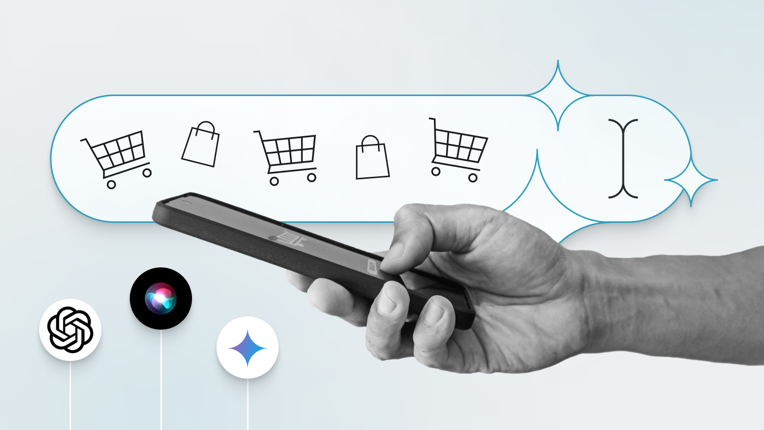 A hand holding a smartphone in the foreground, with shopping cart and shopping bag icons appearing in a search bar above, symbolizing online shopping. Below the hand are icons representing AI assistants, including OpenAI, Siri, and Google Gemini, suggesting the use of AI tools for shopping assistance.