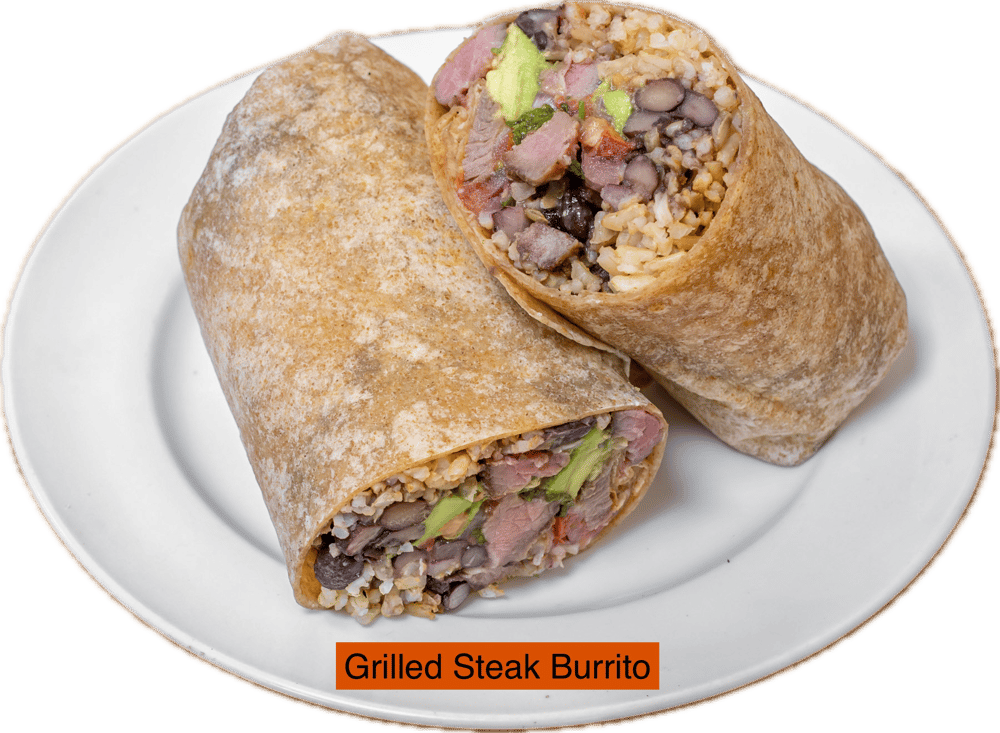 Carne Asada Burrito Mexican Brown Rice, Black Beans, Pico de Gallo, Avocado Hummus