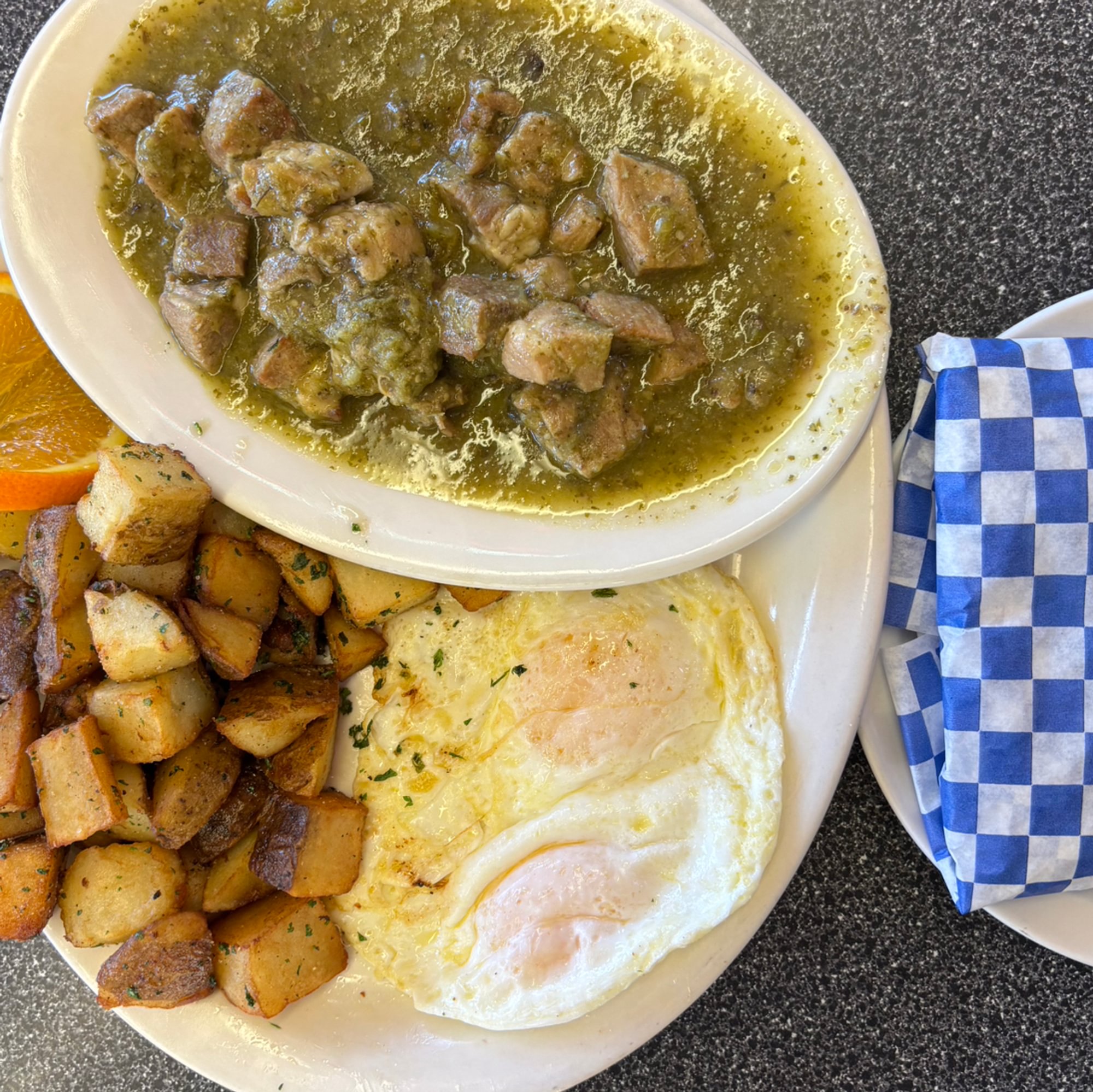 Two Eggs Any Style with Chili Verde