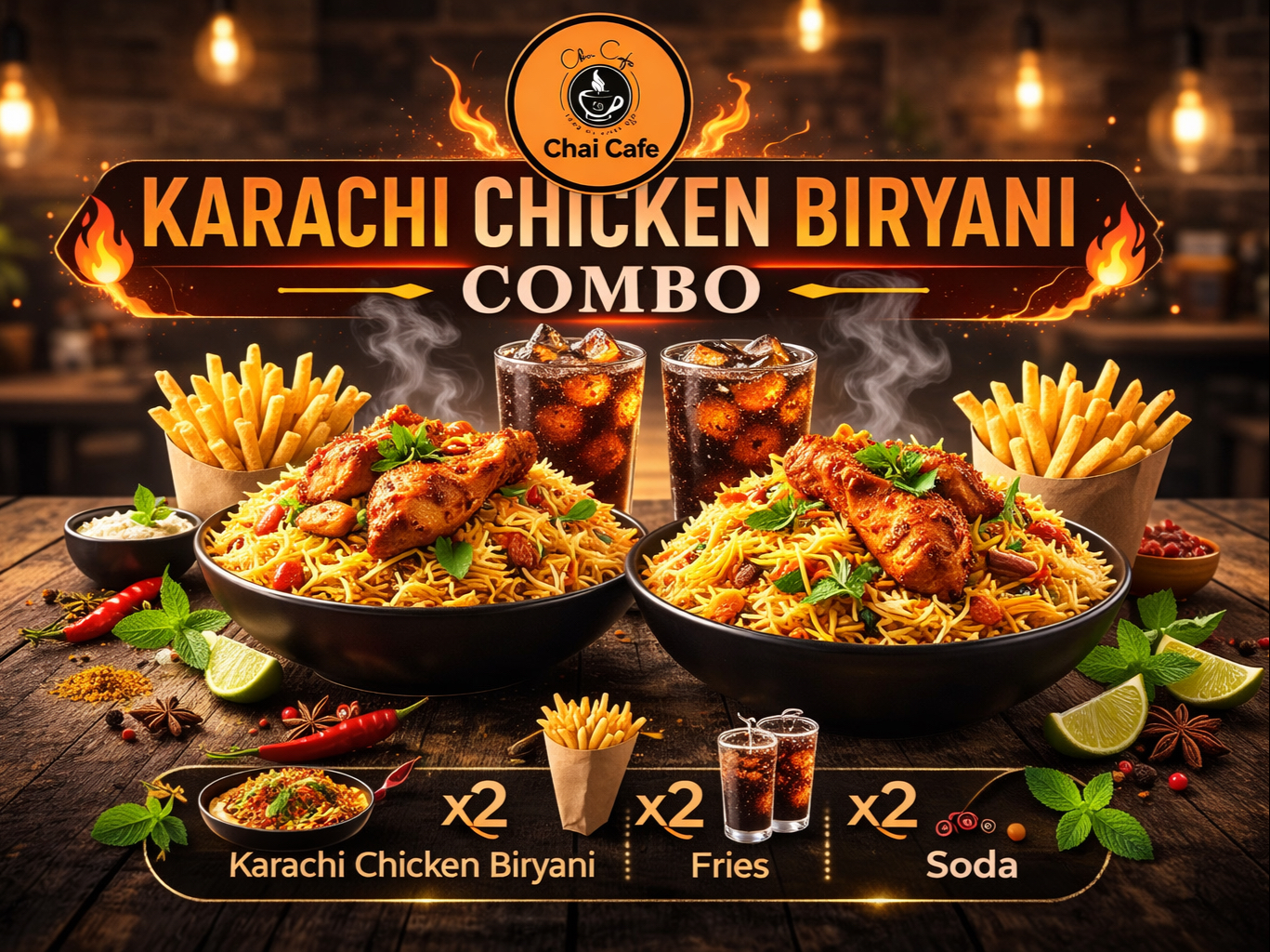 2 Karachi Biryani, 2 Fries & 2 Soda