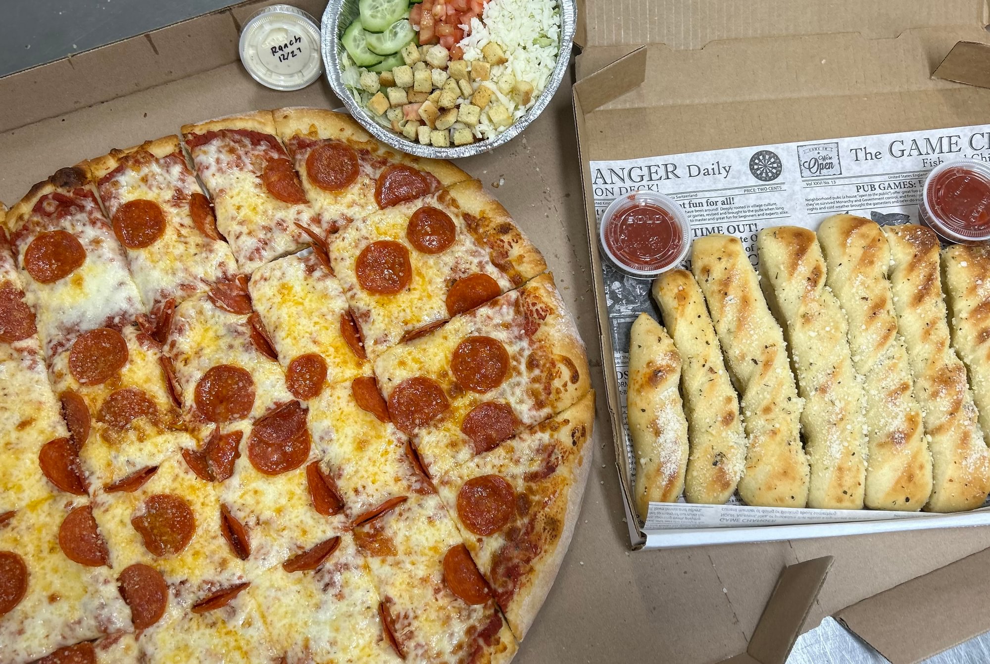 20" Pizza 3 topping, Large Bread Stix and small Salad (NO ADDITIONAL TOPPINGS OR SUBSTITUTIONS AL...