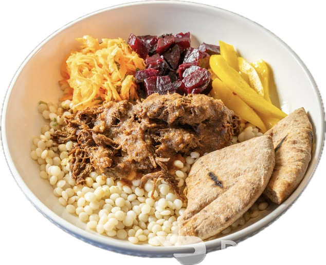 Ma Bett's Ropa Vieja Brisket Bowl, Pickled Mango, Carrot Salad, Roasted Beets, Roasted Tomato Sal...
