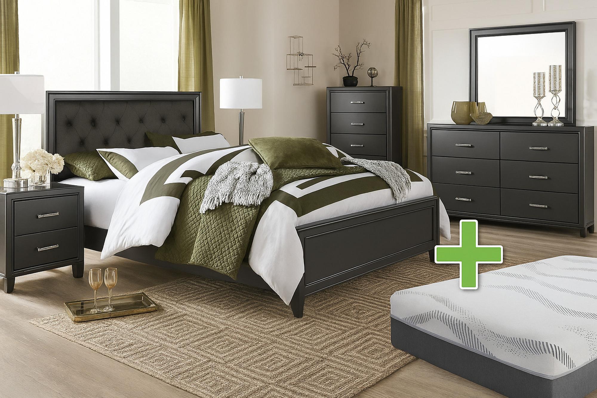 Queen Monaco Bed w/9.5" Extra Firm Mattress & 9" Foundation, Dresser, Mirror, Nightstand, Chest