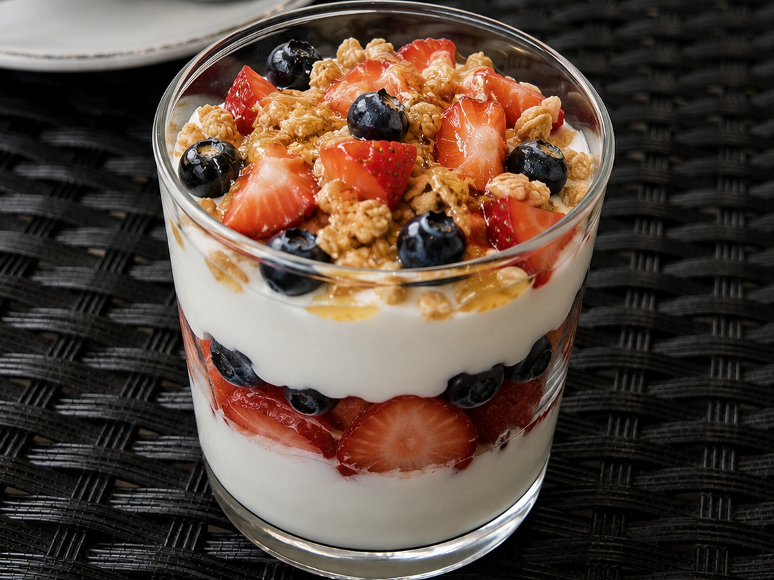 Greek Yogurt Parfait (with Granola, Honey, Strawberry and Blueberry)