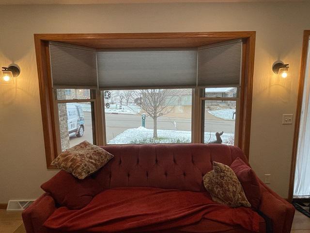 Need ideas for bay windows? Here's a tip: Don't hide them behind curtains! In this Cedar Falls home, we're showing them off with our Cellular Shades!