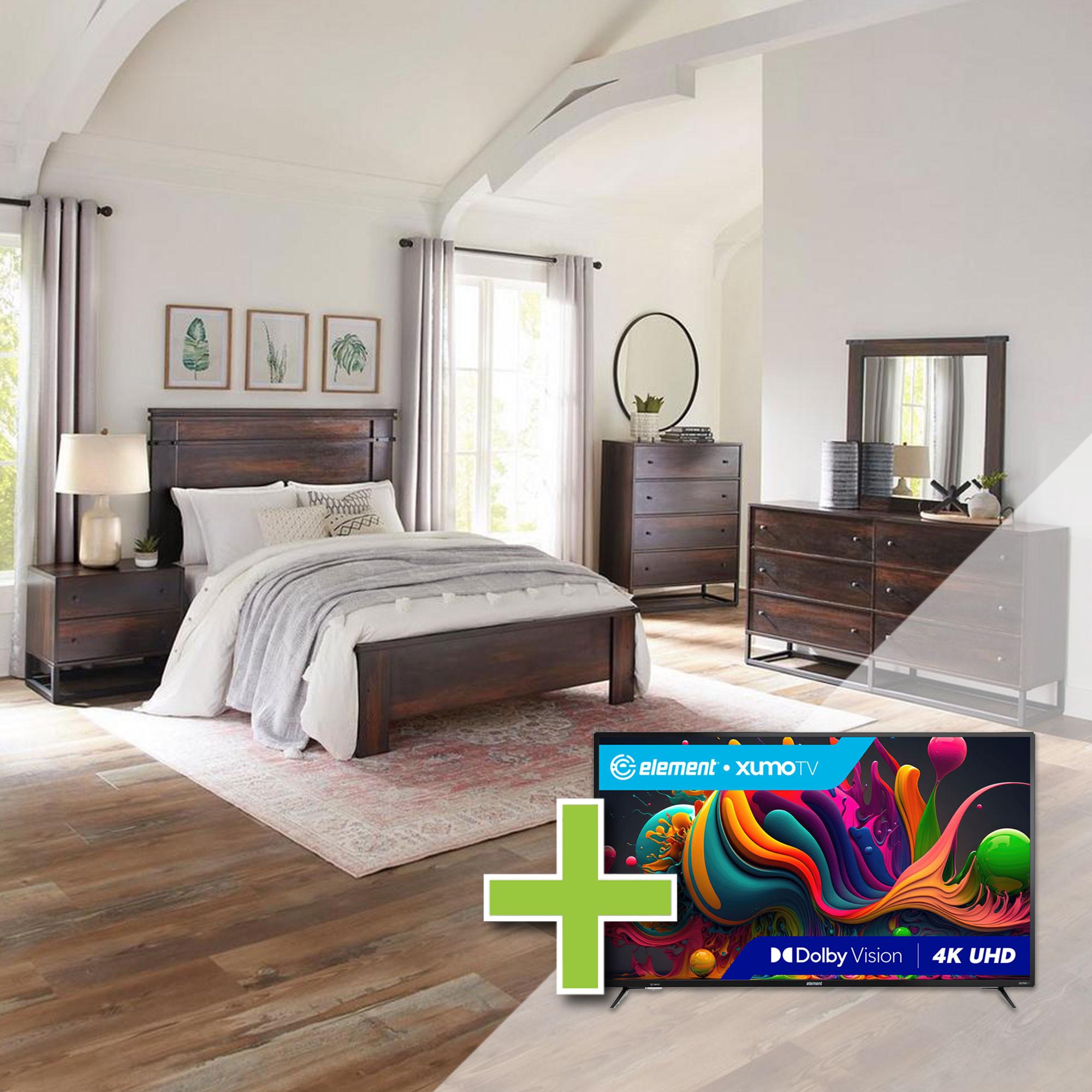 Queen Wallace Bed w/Chest, Dresser, Mirror, Nightstand + 55" Element TV