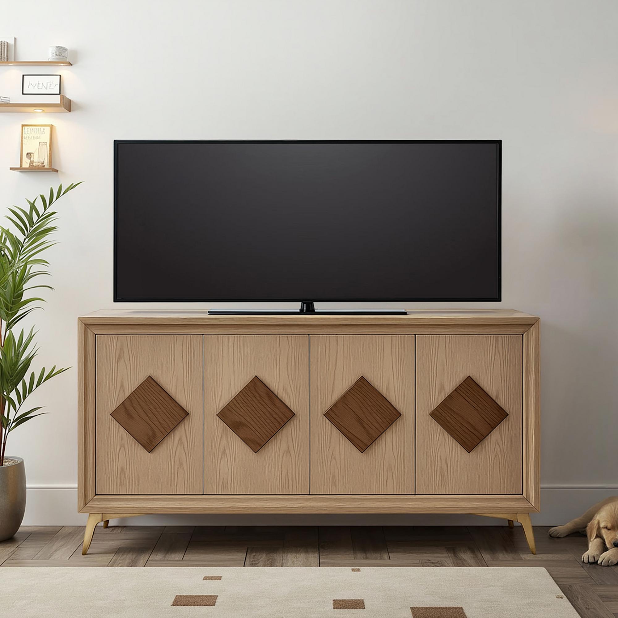 4-Door TV Credenza - Wheat Brown Wood