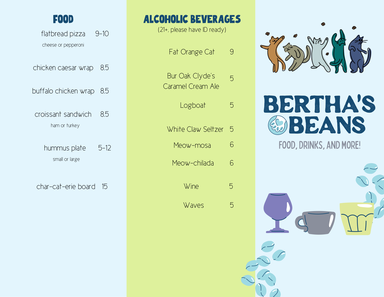 Bertha's Beans Cat Cafe Menu
