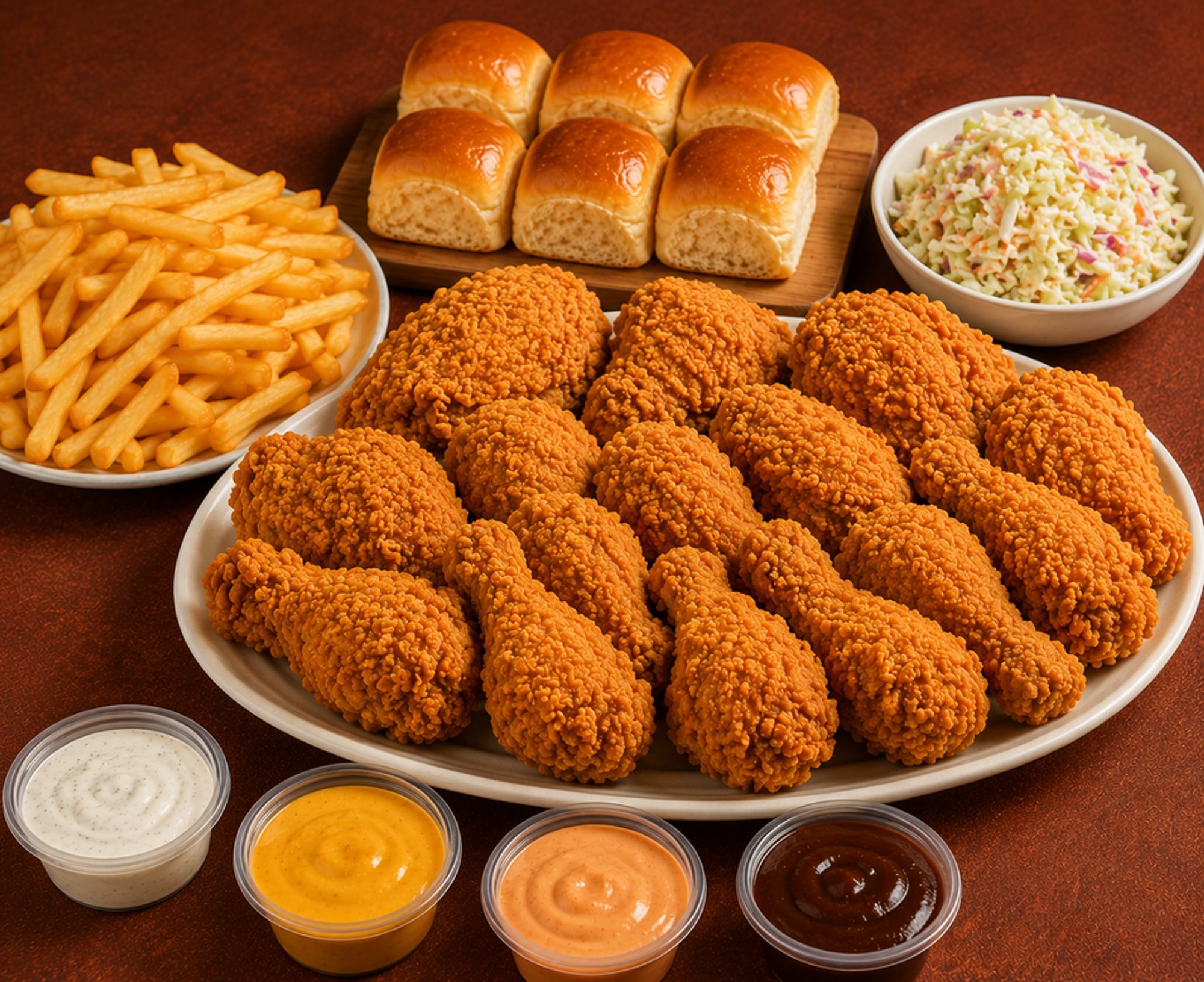 Chicken Broast 12 pieces, fries, Coleslaw, 6 rolls, 4 Dips