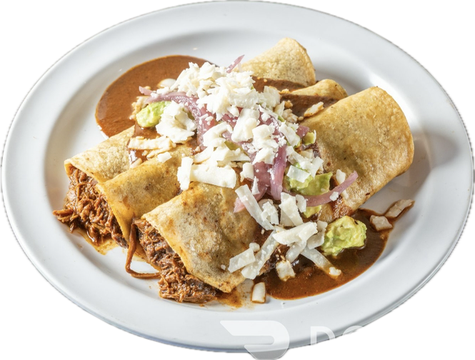 Chicken Mole Enchiladas, 3 Corn tortilla enchiladas, Mole Sauce, Avocado Hummus, Picled Red Onion...