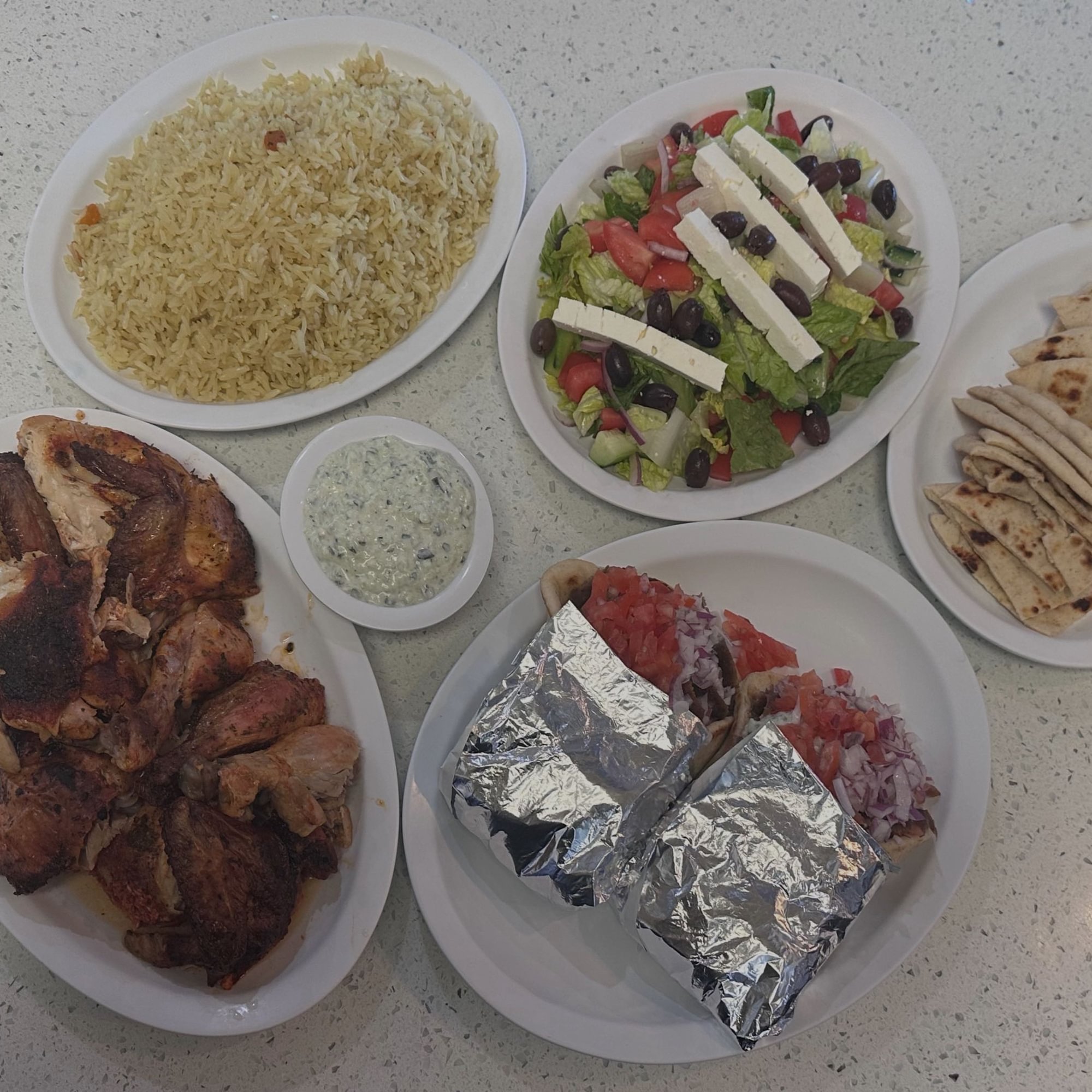 Family Meal: Whole Chicken, 2 Gyros, Greek Salad, Rice & 4 Pitas