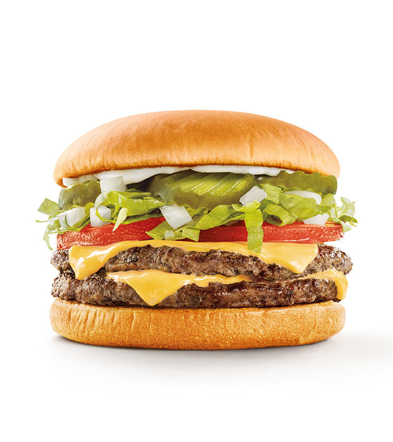 Two perfectly seasoned 100% pure beef patties layered with crinkle-cut pickles, chopped onions, fresh shredded lettuce & ripe tomatoes with your choice of mustard, mayo or ketchup. Seeing double has n