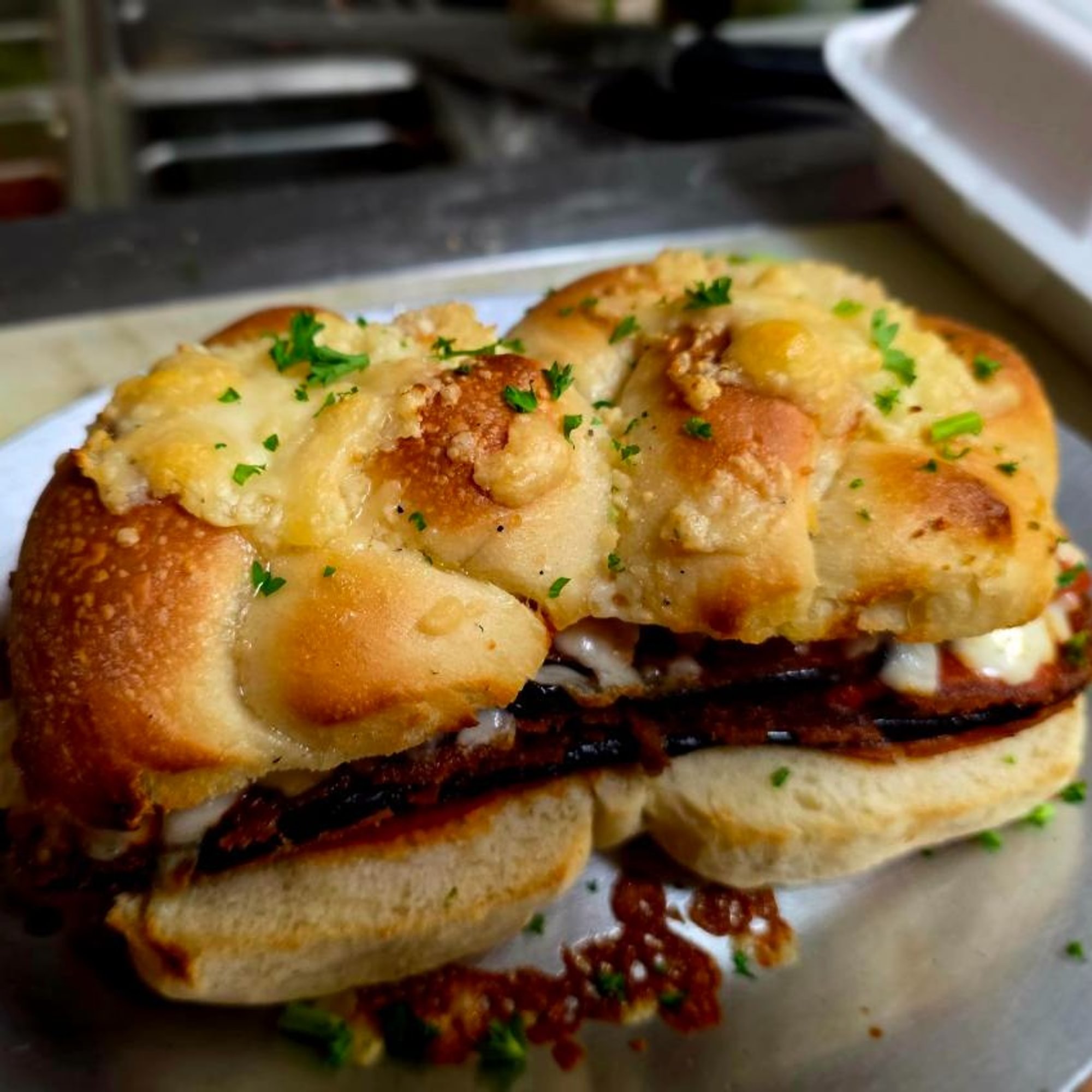 Eggplant Parmesan Garlic Knot Sandwich