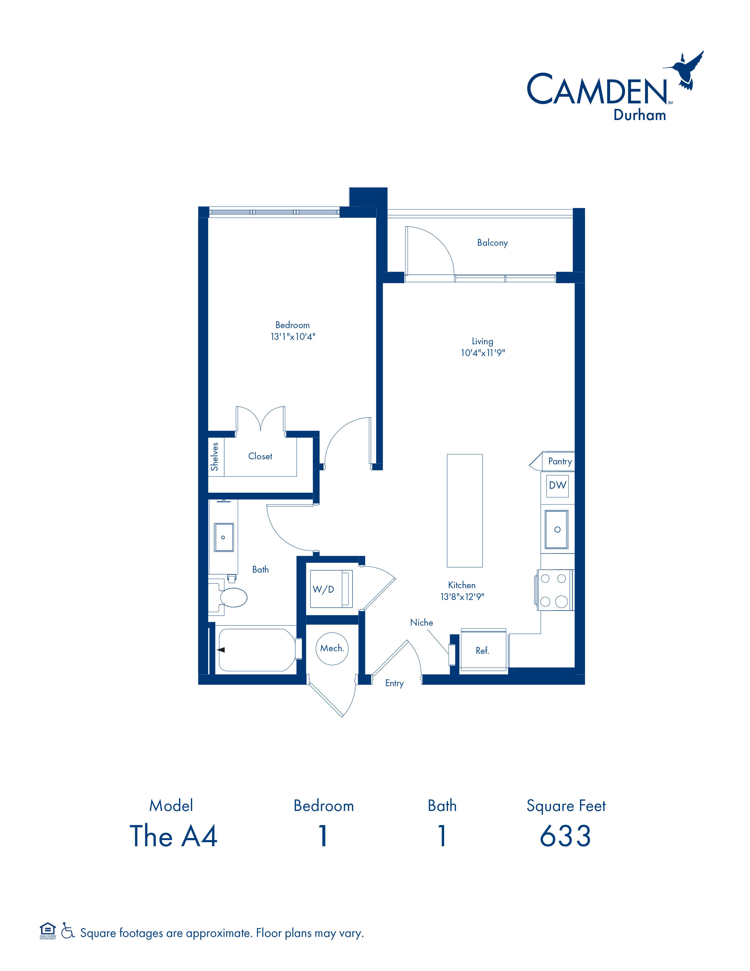 A4 Floor Plan with 1 Bedroom and 1 Bathroom at Camden Durham in Durham, NC