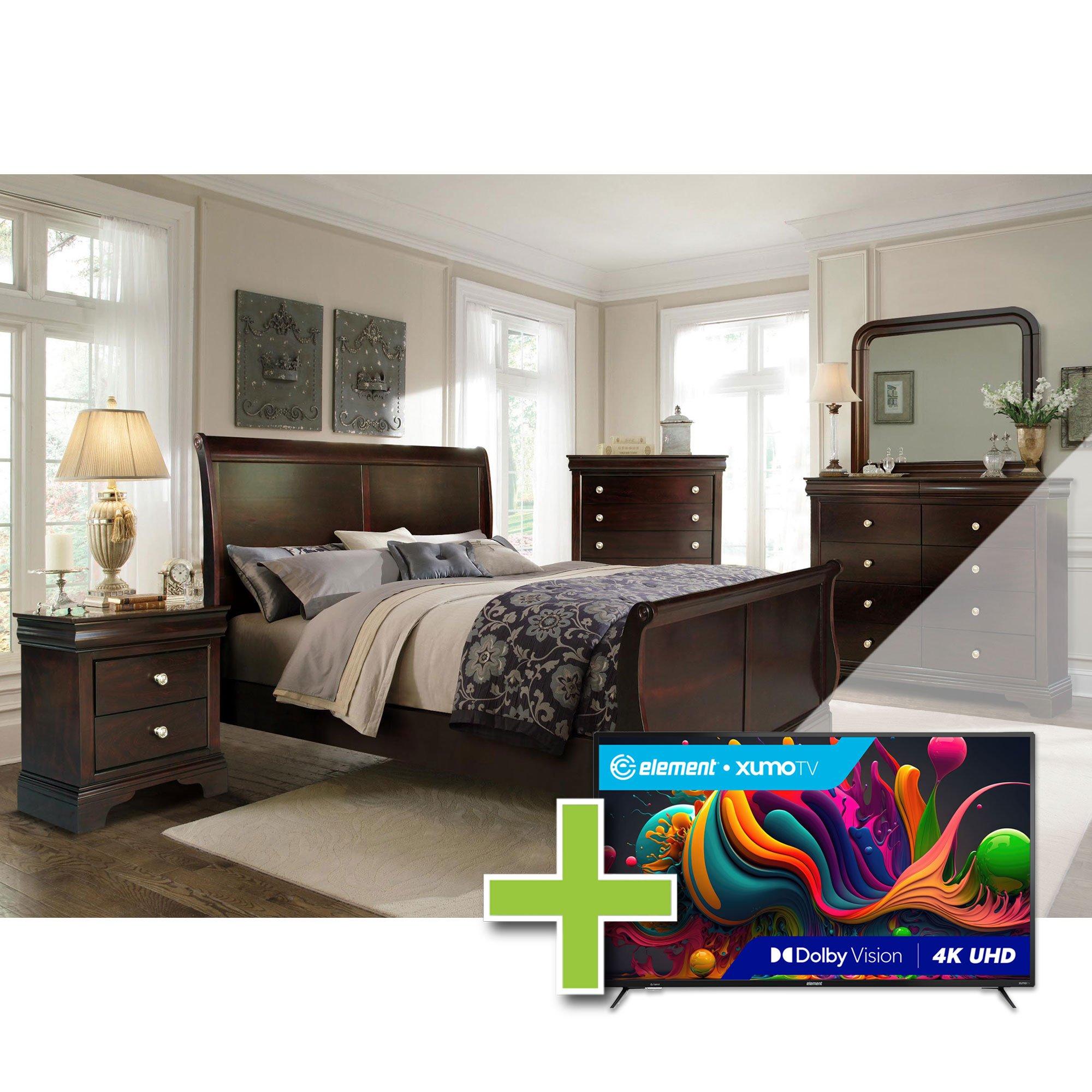 Queen Dominique Bed w/Chest, Dresser, Mirror, Nightstand + 55" Element TV