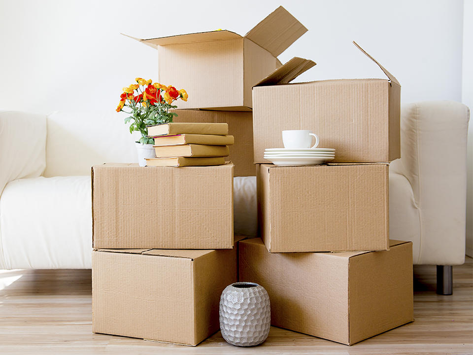 stack of moving boxes and books