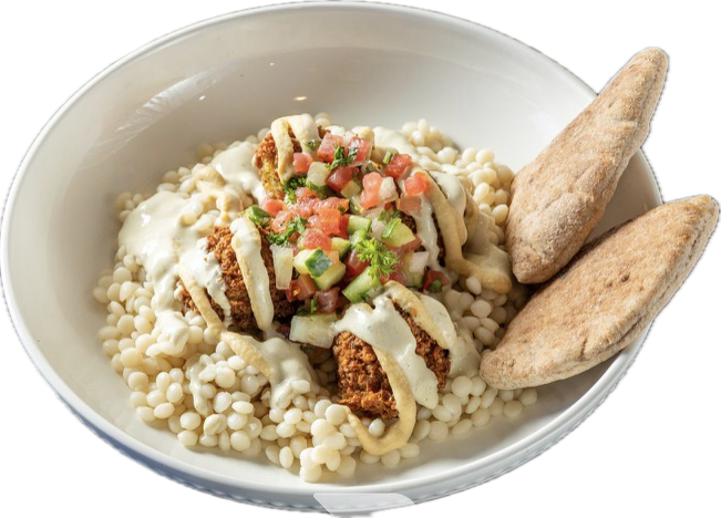 Traditional Chickpea Falafel Entree, tahini, hummus, Israeli salad, garbanzos, 1/2 pita (VG)