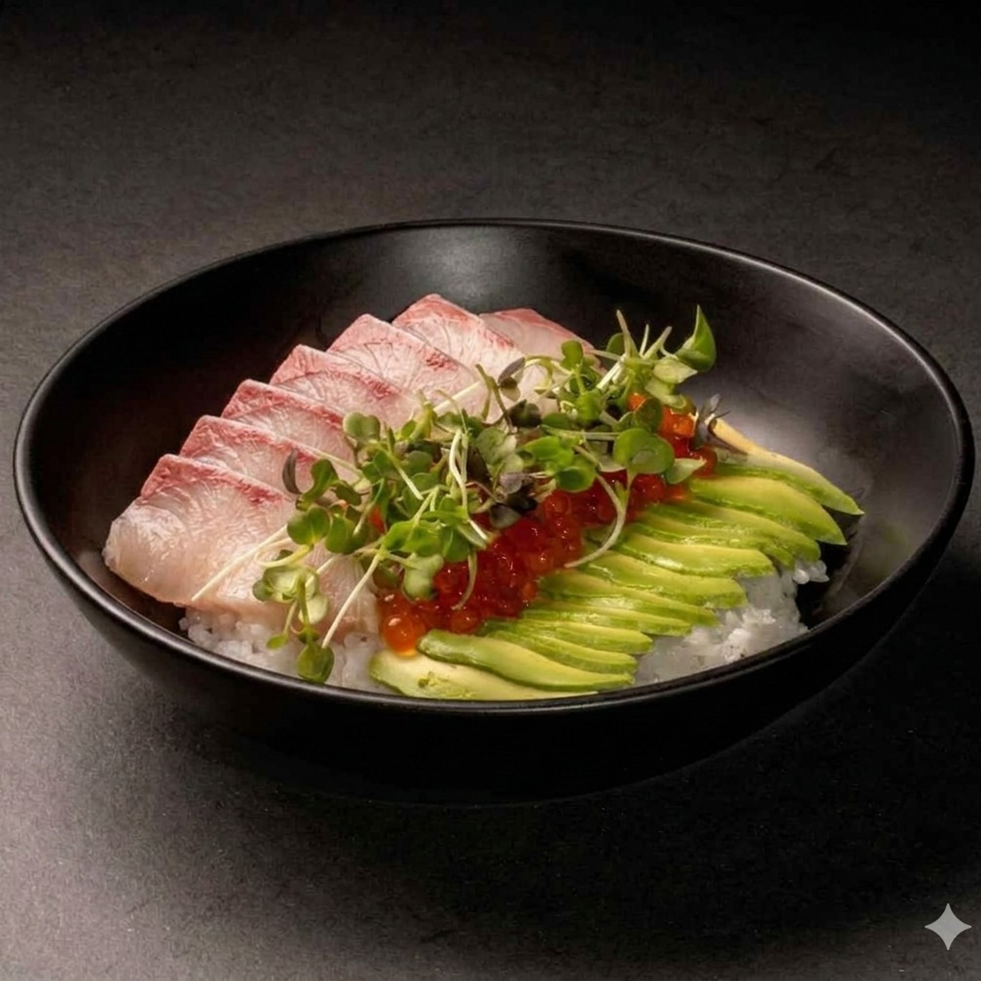 Yellowtail Ikura Avocado Poke Bowl