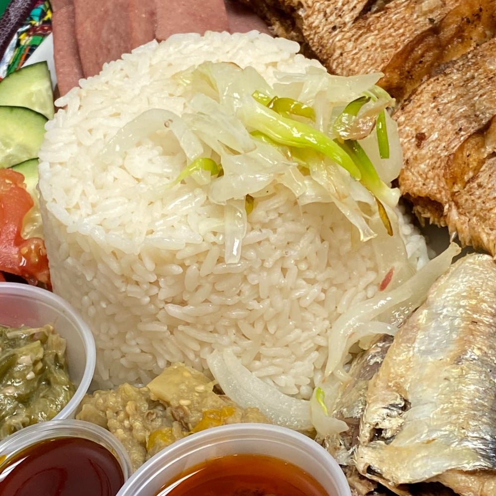Liberian Dry Rice served with Fish or Chicken (Beniseed & Okra on the Side)