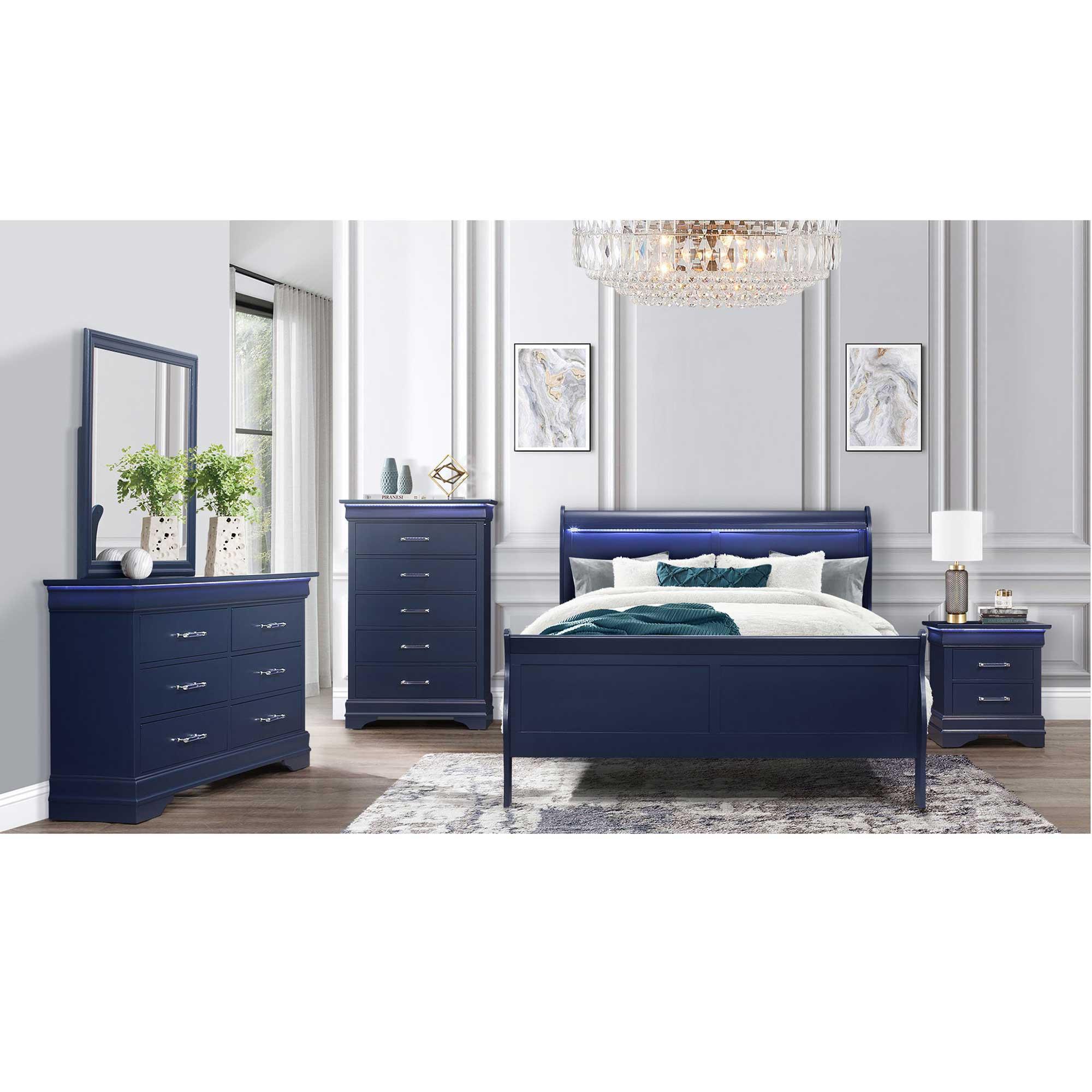 Queen Charlie Bed - Blue w/Chest, Dresser, Mirror, Nightstand