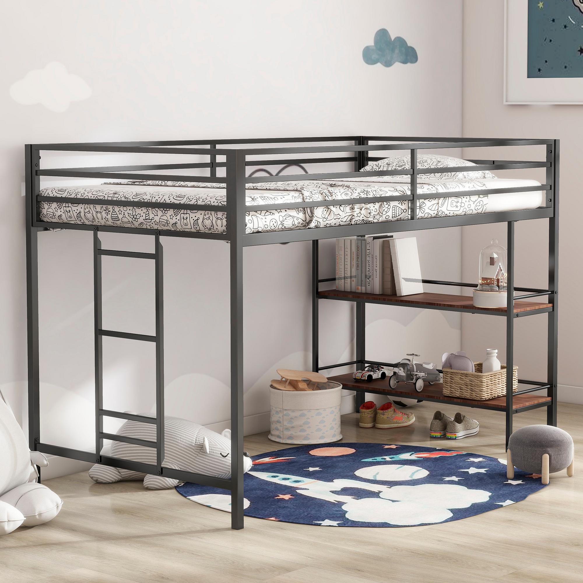 Twin Leo Junior Loft Bunk Bed w/Wood Shelving - Black