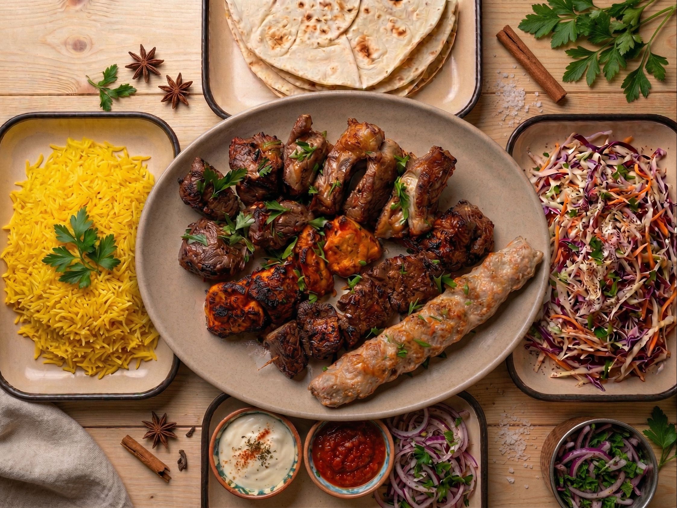 (1) Family Plate 3-4 People (3 Lula Koobideh Chicken, Lamb, Beef. 1 Chicken Thighs, 1 Lamb Kebab)