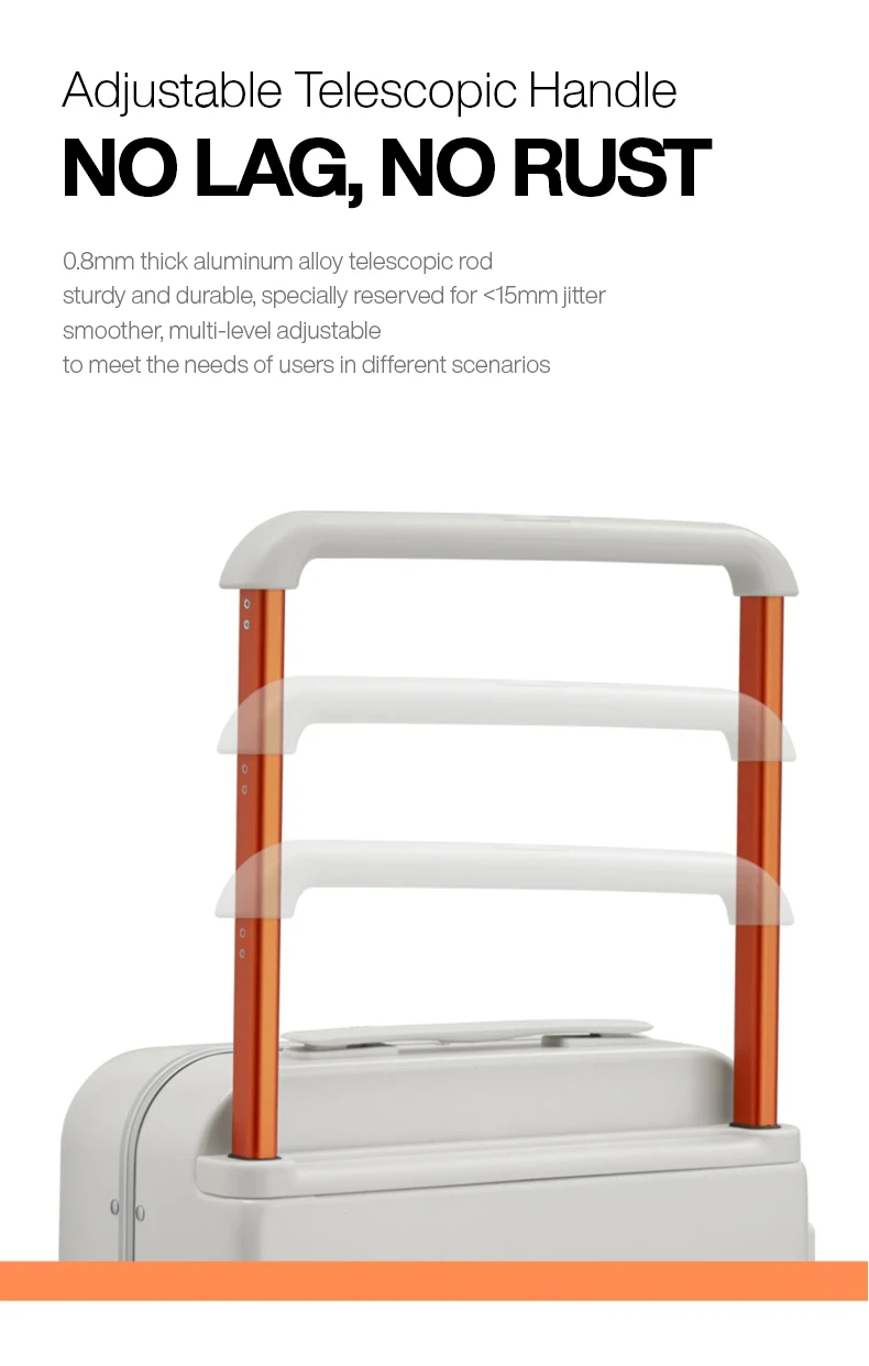 An advertisement for a suitcase featuring an adjustable telescopic handle. The handle is made of aluminum alloy and is designed to be sturdy and durable, with a focus on smooth adjustment and minimal lag.