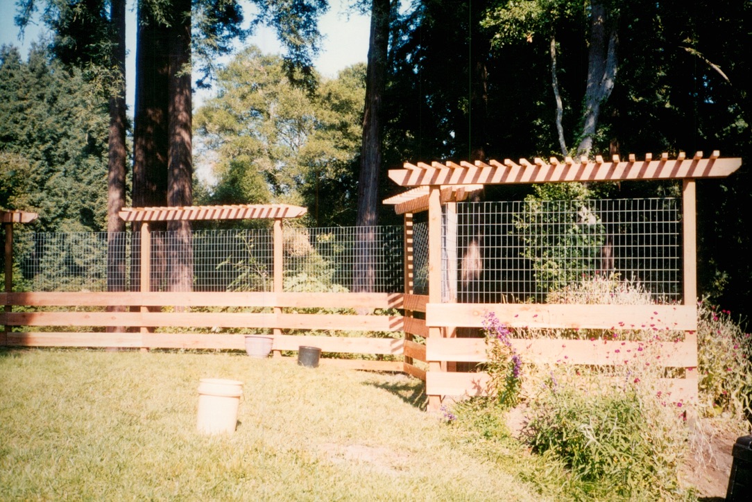 Decorative wood pergola and fence structure designed to enhance an outdoor living and garden space.