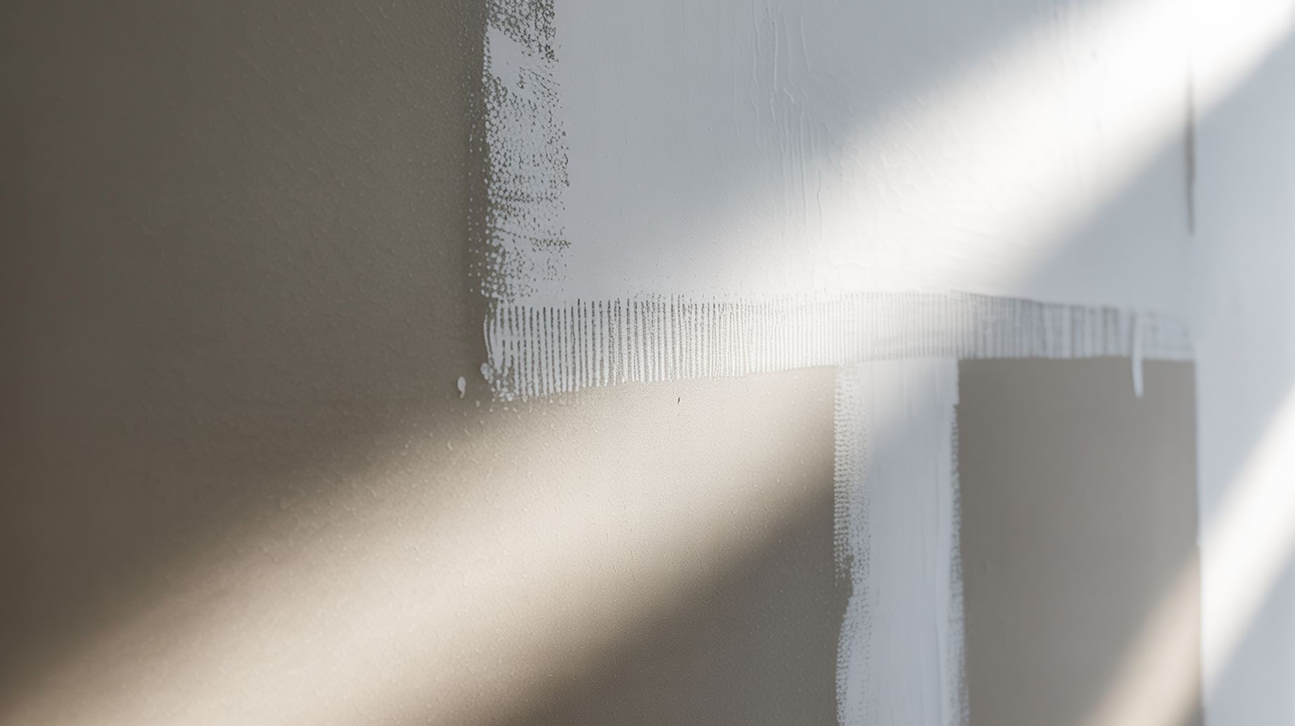A close-up, abstract shot of a wall being painted. Diagonal streaks of sunlight cast shadows across  