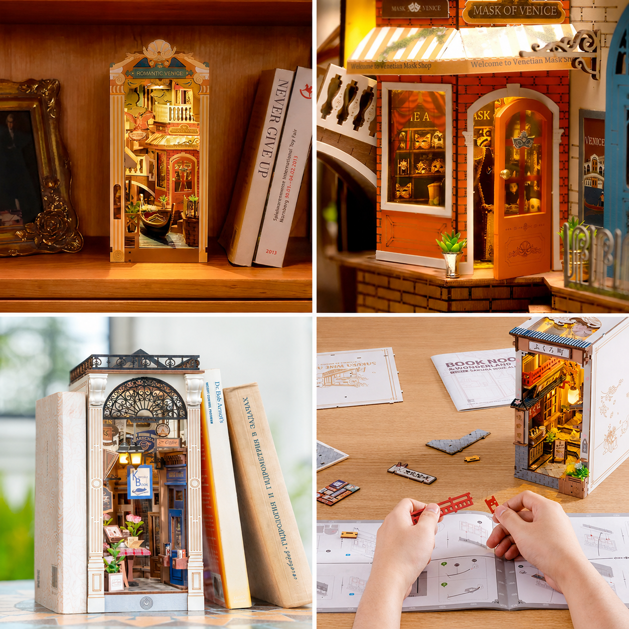 Four detailed Book Nook kits showcase charming miniature worlds for bookshelves. Available again at  