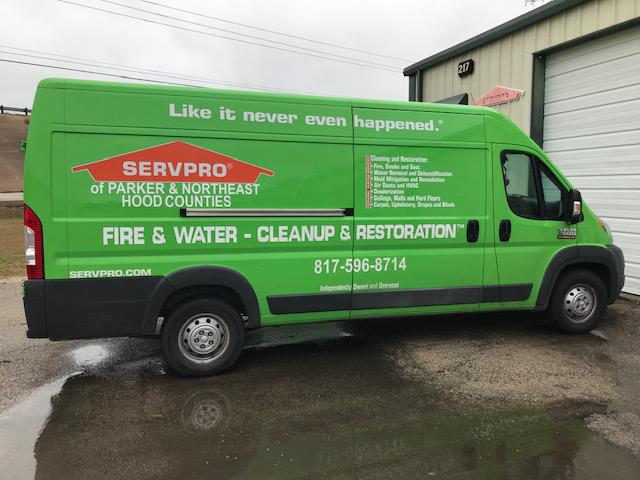 SERVPRO of Parker & Northeast Hood Counties van with the office in the back.