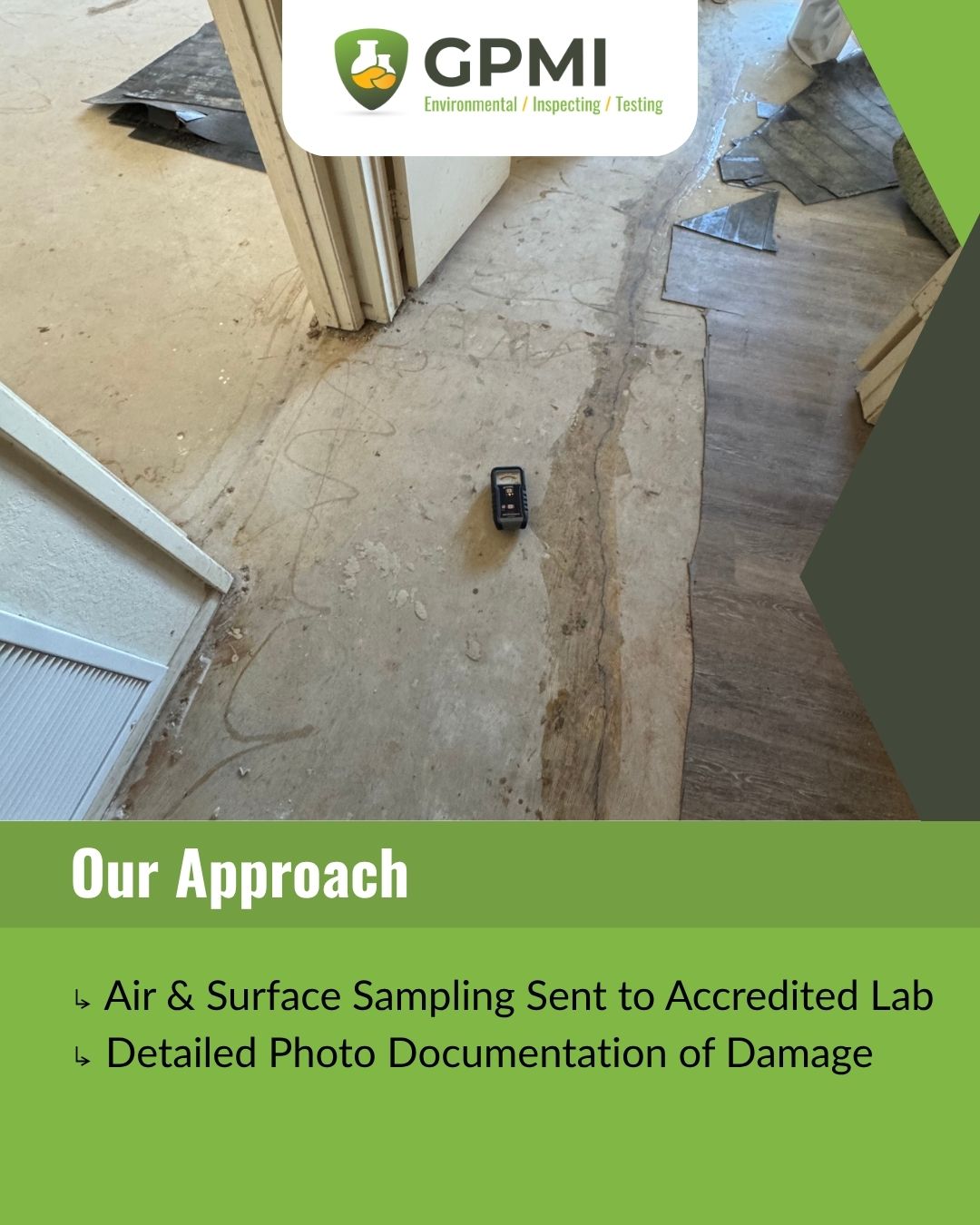 Moisture inspection photo showing staining near an HVAC or wall area, highlighting potential condensation, water intrusion, or mold risk.